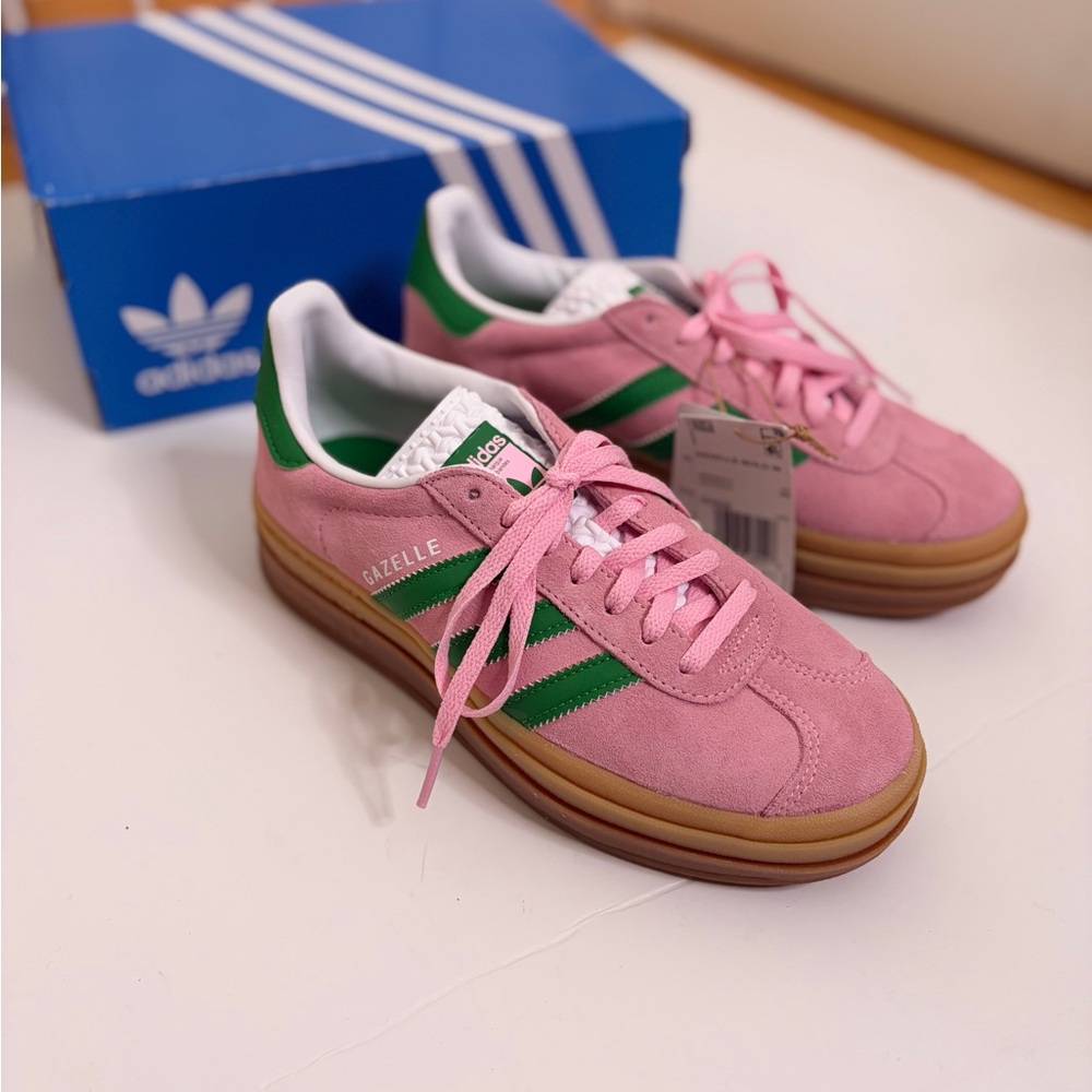 adidas Gazelle Bold Sneakers in Pink Suede with Green Stripes - Size 6 - Picture 2 of 15